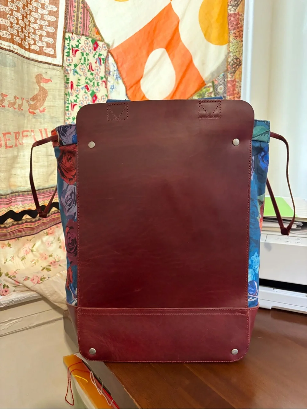 John Fluevog Leather & Floral Canvas Large Tote Bag